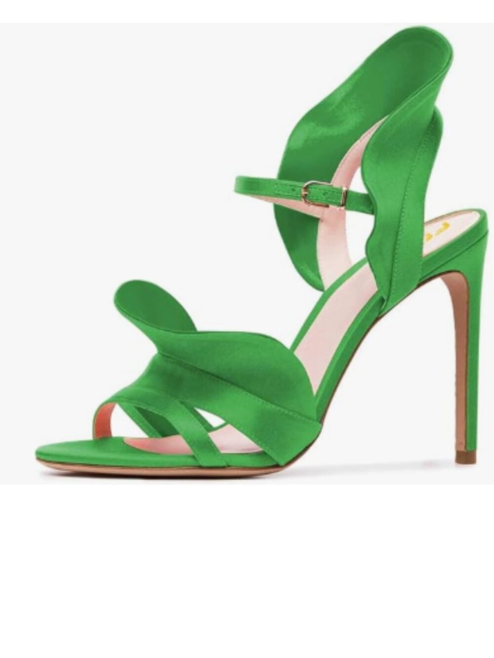 FSJ Green Dressy Open Toe High Heel Ankle Strap Satin Sandal with Ruffle